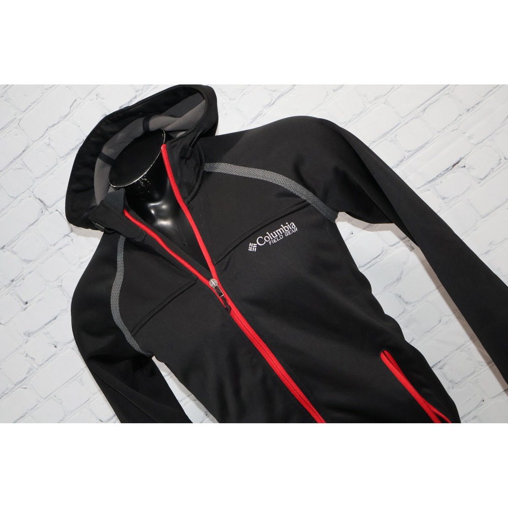 Columbia Softshell Field Gear Jacket Mens Small Black Full Zip Inside Fleece